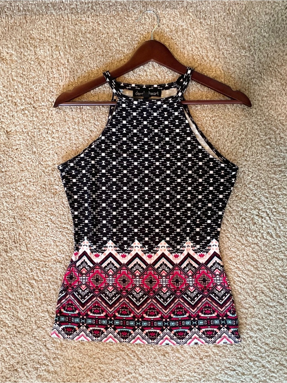 Derek Heart Black White Pink Patterned Halter Tank Top